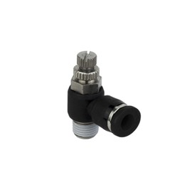 PneumaticPlus Push-to-Connect Air Flow Control Valve, Elbow, 1/4" Tube OD x 1/4" NPT