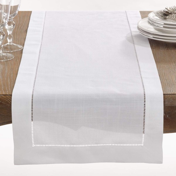SARO LIFESTYLE SARO LIFESTYLE Hemstitched Border Table Runner, White, 16"x120"