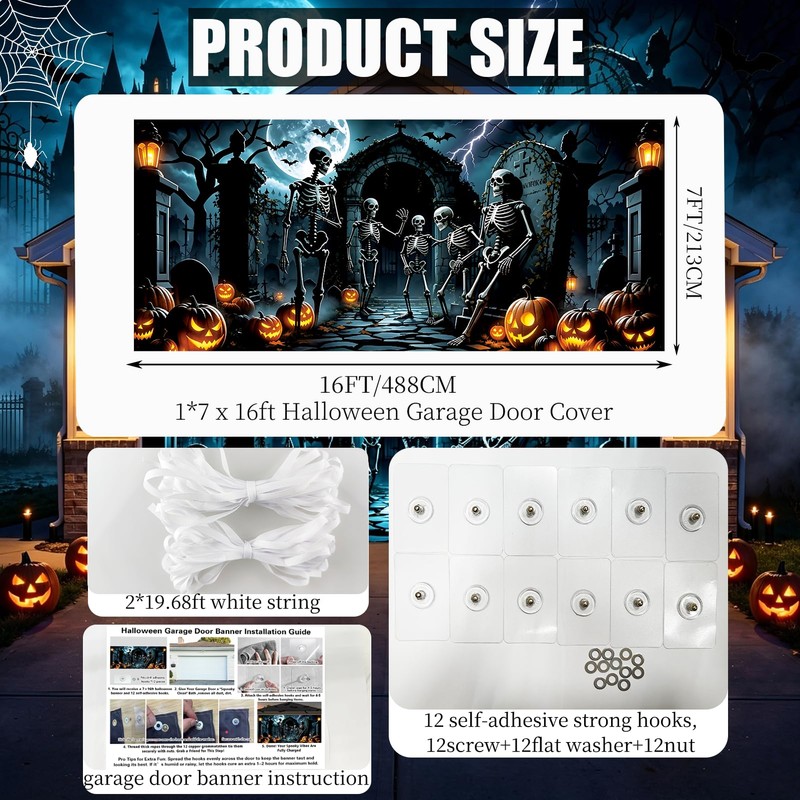 7 x 16 ft Halloween Garage Door Cover, Skull Garage