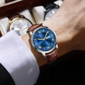 Taxau Watches Brown Leather Band Blue Dial Watches for Mens with Day Date Quartz Analog Big Face Classic Water Resistant Luminous Dress Men's Wrist Watch