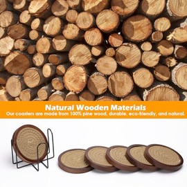 Mckanti Paquete de 6 posavasos de madera para bebidas con inserto de posavasos de algodn, posavasos de madera con soporte para decoracin de mesa de...