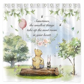 TURKIO Classica Winnie Shower Curtain Set with 12 Hooks Watercolor Bear Girls Kids Cartoon Spring Bathroom Bathtubs Decor Waterproof with Washable Durable Polyester Fabric 72"x72"