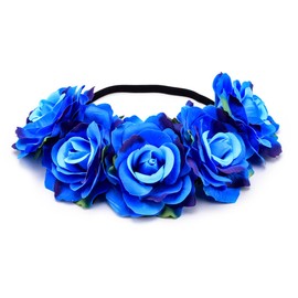 DreamLily Women's Hawaiian Stretch Rose Flower Headband Floral Crown for Garland Party BC12 (Z-Blue)