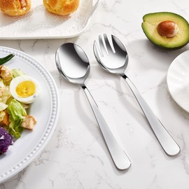 HUATEEN Stainless Steel Salad Servers Set,2 PCS Salad Spoon and Fork Set Ergonomic Serving Utensils for Salads Home Restaurants Parties Silver 12 Inch