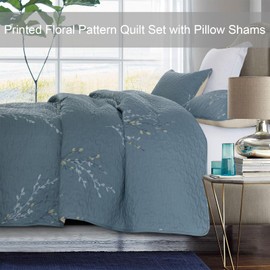 Exclusivo Mezcla Reversible Boho Quilt Set King Size, 3 Pieces Flowers Blue All Season Bedspreads, Ultra Soft Floral Coverlet Bedding Set with Printed Pattern (1 Quilt, 2 Pillow Shams)