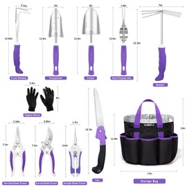 HLWDFLZ Purple Garden Tool Set Gardening Items for Women - 11PCS Heavy Duty Garden Tools with Detachable Storage Bag, Weeder, Dual-Purpose Hoe