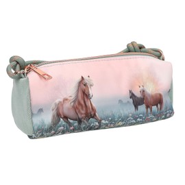 Depesche 13404 Miss Melody Romantic Fields Pencil Case in Green and Pink with Horse Motif, Flowers and Glitter, Pencil Case with Drawstring Straps