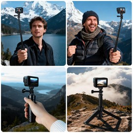 HSU gopro DJI Insta360 Selfie Stick, Tripod, Selfie Stick, Aerial Shooting, Action Camera, 25.6 inches (65 cm), Adjustable Length, Lightweight Design, 7 Levels of Flexibility