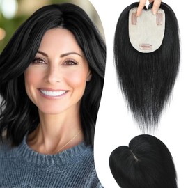 JGS1996 Hair Toppers for Women Real Human Hair Extensions with Thinning Hair No Bangs Clip in Wig Topper Upgrade 3.9x4.7Inch Silk Base Human Hair Crown Toppers Hair Pieces Jet Black