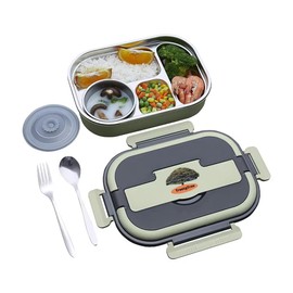 TrustyTree Insulated GREEN Lunch Bento Box with Cutlery(Spoon & Fork), 4 Compartments with a Soup Bowl(SUS 304)