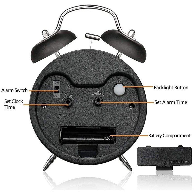 YouJabz Double Bell Alarm Clock with Night Light, Retro Children's