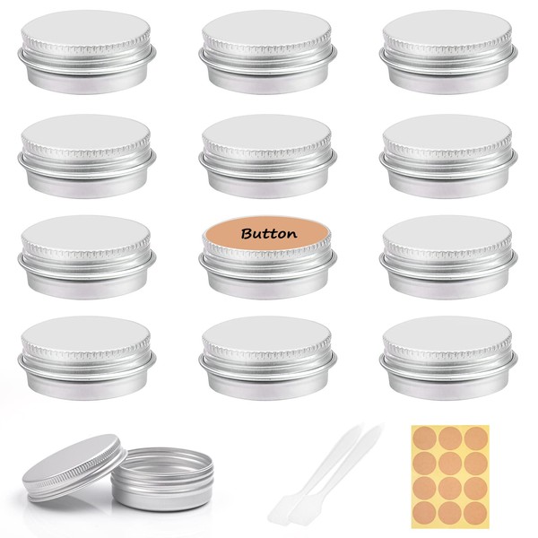 Aluminium Empty Jar, 30 ml Cream Jar, Empty, Pack of 12 Cream Jar with 2 Spatulas and Stickers, Round Cream Tins for Filling for Cream, Lotion, Cosmetics, Nail Art, Crafts, Jewellery, silver, Cosmetic