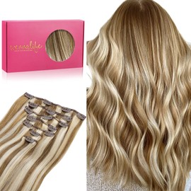 WENNALIFE Hair Extensions Clip In, 16 Inch 120g 7pcs Clip in Hair Extensions Real Human Hair Ash Brown Highlighted Golden Blonde Remy Coloured Human Hair Extensions