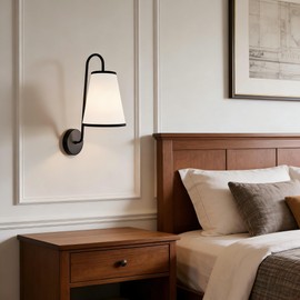 Elegant Design Minimalist Sconce with Linen Shade - Damp Rated in Brass or Plated Steel, Linen Shade Wall Light for Living Room, Bedroom, Kitchen, 6" w x 9" d x 16.5" h (Matte Black)