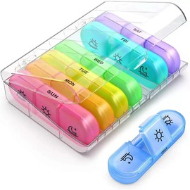 Weekly Pill Organizer 3 Times a Day, Portable Travel Pill Box 7 Day with Large Pill Containers, Light-Proof Pill Case for Vitamins, Medication, Supplements and Fish Oils (Multicolor, One Size)