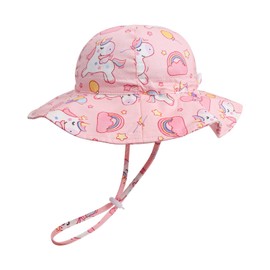 JUPSK Baby Toddler Sun Hat Kids Summer Bucket Hat Wide Brim Beach Hat with Chin Strap UPF50 Unicorn Cap for Child Boys Girls 9-18 Month Pink