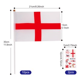 10pcs Small Flags on Sticks & 2pcs Temporary Tattoos, Mini Flags on Sticks Hand Held Flags for Euro Football 2024 Sports Events Celebration Party Decorations (England)