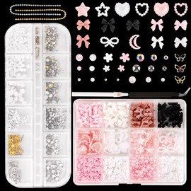 Hotalisona 3D Nail Flower Charms Pearls Jewels and Gems Rhinestones Heart Cute Pink Bows Nail Charms Rhinestone Art Kit Stuff Supplies with Picker Tool White Pencil for Design Kit Techs