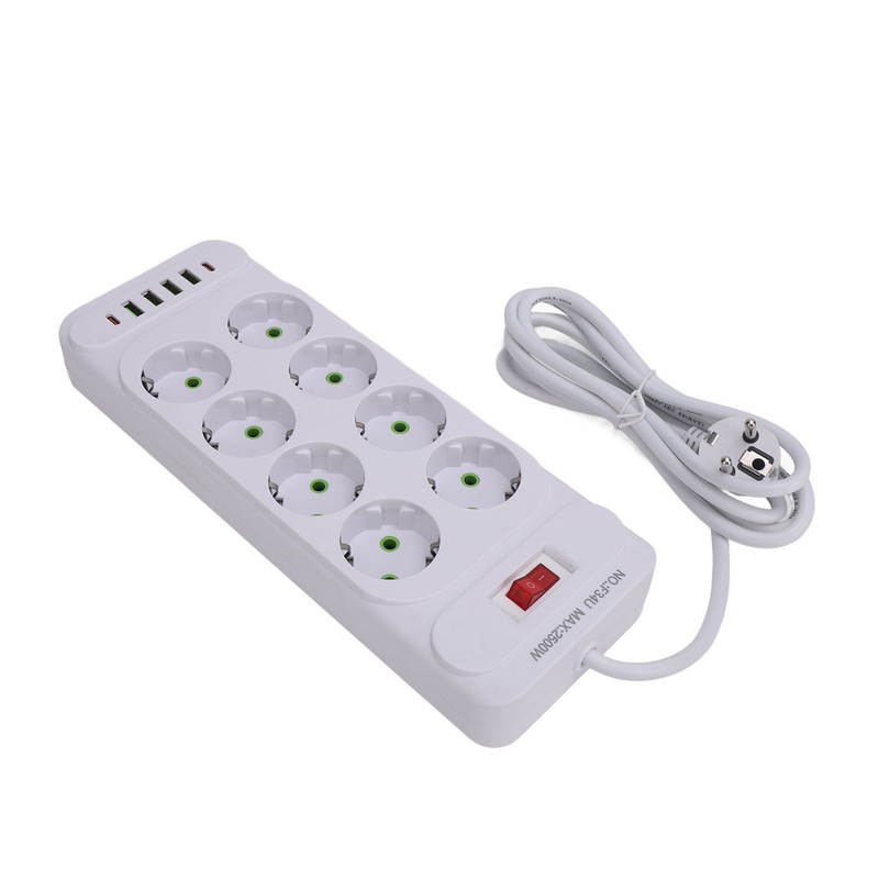 8 Way Power Strip USB C European Socket Desk Wall