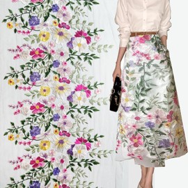 Floral Embroidered Lace Fabric, Pink, Purple, Yellow Flowers on Gray Background (White mesh, Cut by The Yard)