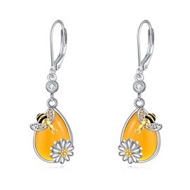 Bee Leverback Earrings Amber Teardrop Sterling Silver Dangle Drop Earrings Bumble Bee Flower Jewelry Gifts for Women Girls