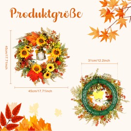 Autumn Wreath with LED Lighting 45cm Artificial Sunflowers and Autumn Leaves Door Decoration with Gnome Figure