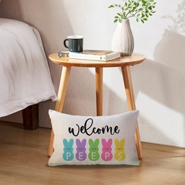 Happy Easter Welcome Peeps Lumbar Pillow Covers Colorful Easter Bunny Eggs Farmhouse Easter/Spring Blessing/Welcome Decorative Rectangular/Waist Pillow Cases 12x20 Inch,2Pack for Sofa/Couch/Porch