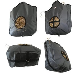 Majestic Ally Nylon Hay Feeder Tote Bag for Horse, Goat, Sheep - Double Sides Open Feed Hole with Faux Leather Ventilated Bottom- Premium Quality -Simulates Grazing - Reduces Waste (Dark Gray)