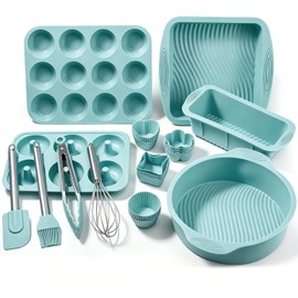 Moldes de Silicona para Hornear, Juego de 33 Piezas, Sin BPA, Moldes para Pastel, Pan, Donas y Muffins, Incluye Espátula, Pinzas, Pincel y Batidor, Para Horno, Microondas (Azul)