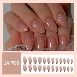 24Pcs Nude Glitter Press on Nails Medium Almond Fake Nails French Tip Glitter Design Nude Pink False Nails Full Cover Stick on Nails Acrylic Artificial Nails Glue on Nails for Women Nails Decorations