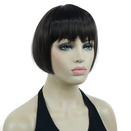 Lydell 6" Straight Short Bob Hair Flat Bangs Cute Central Dot Skin Top Heat Resistant Synthetic Wigs (Chestnut Brown)