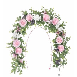 Artificial Eucalyptus Garland with Roses and Butterflies, Faux Hanging Vine Greenery for Wedding Arch Decoration, Spring Home Mantel Shelf Window Party Decor, Realistic Fake Plant Wreath (Pink)