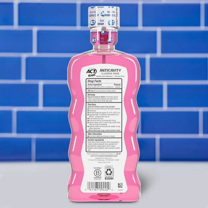 ACT Kids Bubble Gum Fluoride Mouthwash, Alcohol-Free, 16.9 oz.