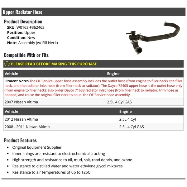 Marketplace Auto Parts Upper Radiator Hose with Filler Neck -