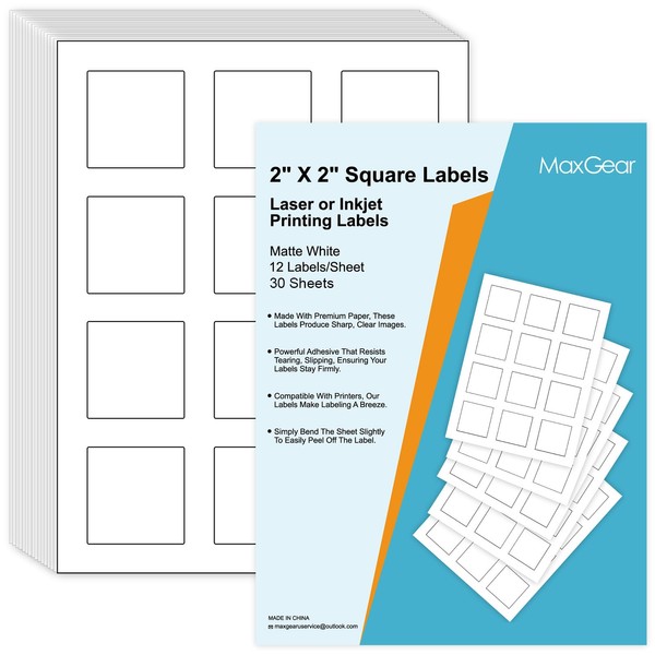 MaxGear 2" x 2" Square Labels, for Inkjet or Laser