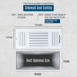 Fits 16x6 Duct Opening 3 Way Fixed Curved Blade Air Supply Diffuser by Handua | Register Vent Cover Grill for Sidewall and Ceiling | White | Outer Dimensions: 17.75" X 7.75"