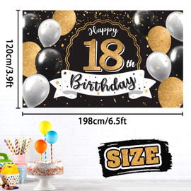 Nelbiirth - Letrero de fondo grande para cumpleaños de 18 años, diseño de globo negro y dorado, para decoración de fiesta de cumpleaños de 18 años
