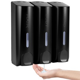 Viitech 3-Chamber Wall Mounted Soap Dispenser (350ml x3), Black ABS Shampoo and Conditioner Dispenser with Clear Windows, Shower Gel Dispenser for Bathroom Kitchen