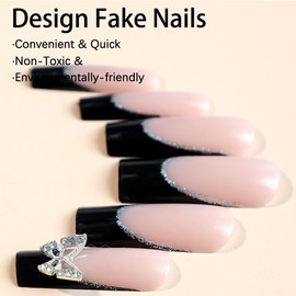 24Pcs French Tips Press on Nails Long Fake Nails Coffin Nail Tips Full Cover Acrylic Glue on Nails with Charms Bling Butterfly Rhinestone False Nails Black Tip Nude Pink Stick on Nails for for Women