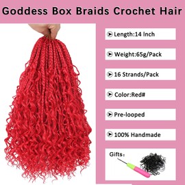 COOKOO 14 Inch Goddess Box Braids Crochet Hair With Curly Ends 8 Pack 3X Synthetic Bohomian Hippie Box Braids Crochet Hair Pre Looped Braiding Hair Extension for Black Women （Red#)
