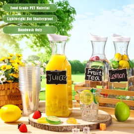 Chengu 61 Pcs Mimosa Bar Supplies 4 Pack 50 oz Plastic Water Carafe with Lid and Cups Label, Clear Plastic Pitcher with Lid Tags Drink Container for Fridge Cold Water Juice Milk Iced Tea Lemonade