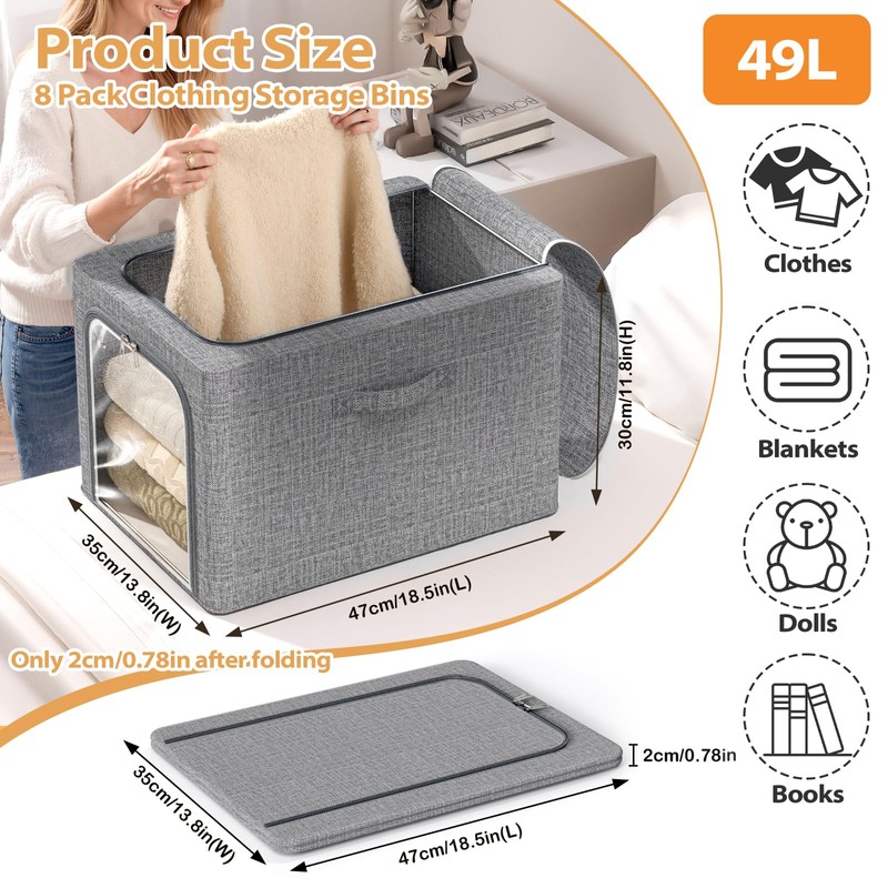 8 Pack Clothes Storage Bins with Metal Frame Foldable Clothing