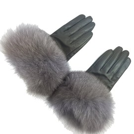 Sandy Ting Winter Women's Lambskin Leather Gloves with Fox Fur Trim Multicolor (Grey, Medium)
