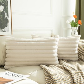 LIGICKY White Fluffy Decorative Lumbar Pillow Covers 12x20 Inch Double-Sided Striped Fuzzy Faux Fur Throw Pillow Cover for Couch Bed, Set of 2