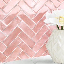 Livelynine Pink Peel and Stick Backsplash Tile Herringbone Subway Light Pink Backsplash for Kitchen Wall Tiles Blush Pink Peel and Stick Tile for Bathroom Shower Fireplace Laundry Room 4-Tiles 12x12