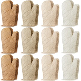 Geyoga 12 Pairs Oven Mitts Heat Resistant Kitchen Long Oven Gloves Mitts Thick Cotton Winter Quilted Baking Flexible Glove Bulk for Cooking BBQ Picnic Kitchen Grilling 10.6 Inch(Beige Coffee Color)