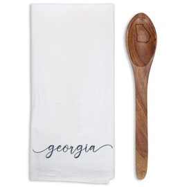 Mary Square Embroidered Black Georgia 13 x 6.5 All Cotton and Mango Wood Tea Towel and Spoon Set