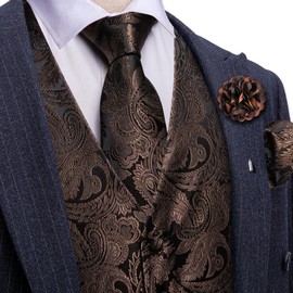 Barry.Wang Men's Brown Waistcoat Paisley Formal Suit Vests Tie Bowtie Set Jacquard Clip Hanky Cufflinks Lapel Pin Wedding 8PCS