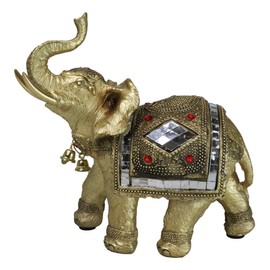 Ebros Gift Gold Patina Feng Shui Auspicious Symbol Trunk Up Elephant with Bullhook Tapestry Accent Gemstones Figurine 6" Long