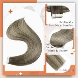 Full Shine Tape in Remy Human Hair Extensions Color 7/1000/7 Balayage Ombre Blonde Hair Extensions 20 Inch Tape in Hair Extensions for Women Real Human Hair Long Straight Hair 50G 20Pcs Natural